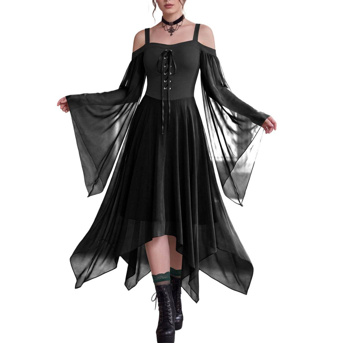 Handkerchief Hem Lace Up Angel Sleeve Dress - Black