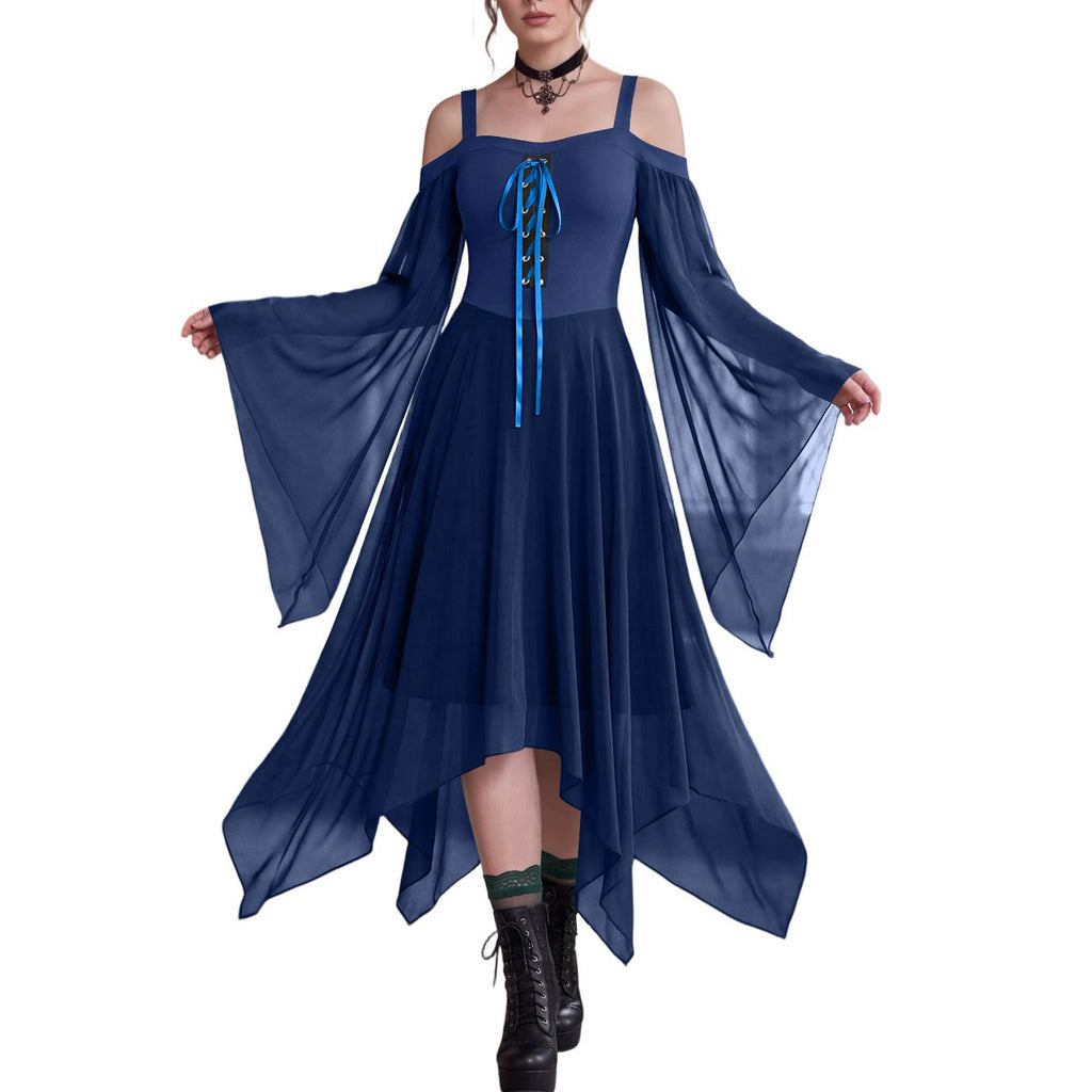 Handkerchief Hem Lace Up Angel Sleeve Dress - Blue