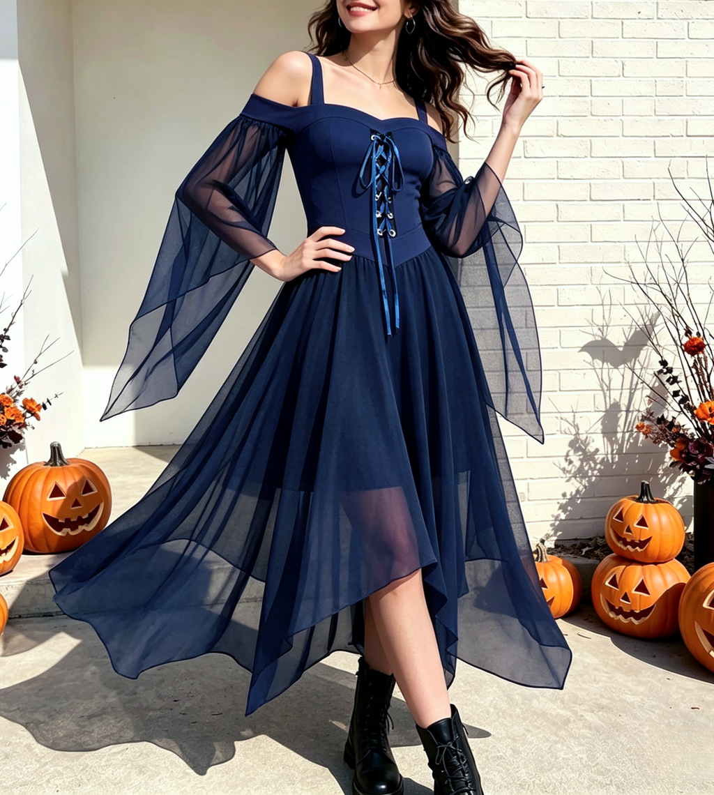 Handkerchief Hem Lace Up Angel Sleeve Dress - Blue - 1