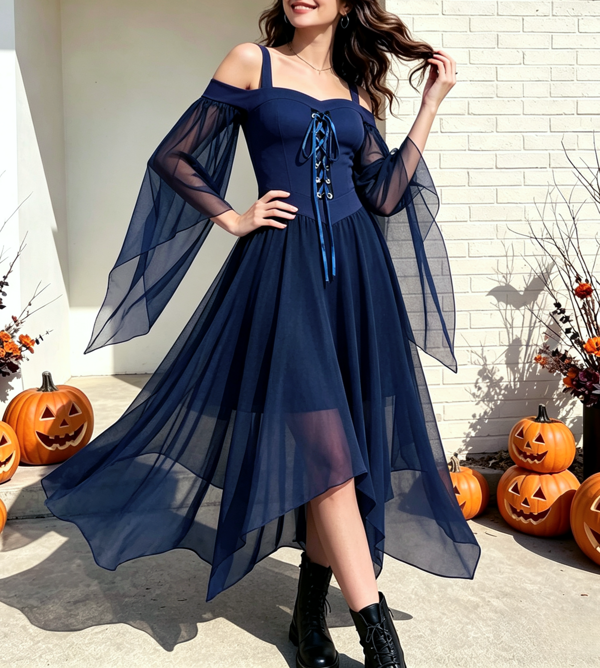 Handkerchief Hem Lace Up Angel Sleeve Dress - Blue - 1