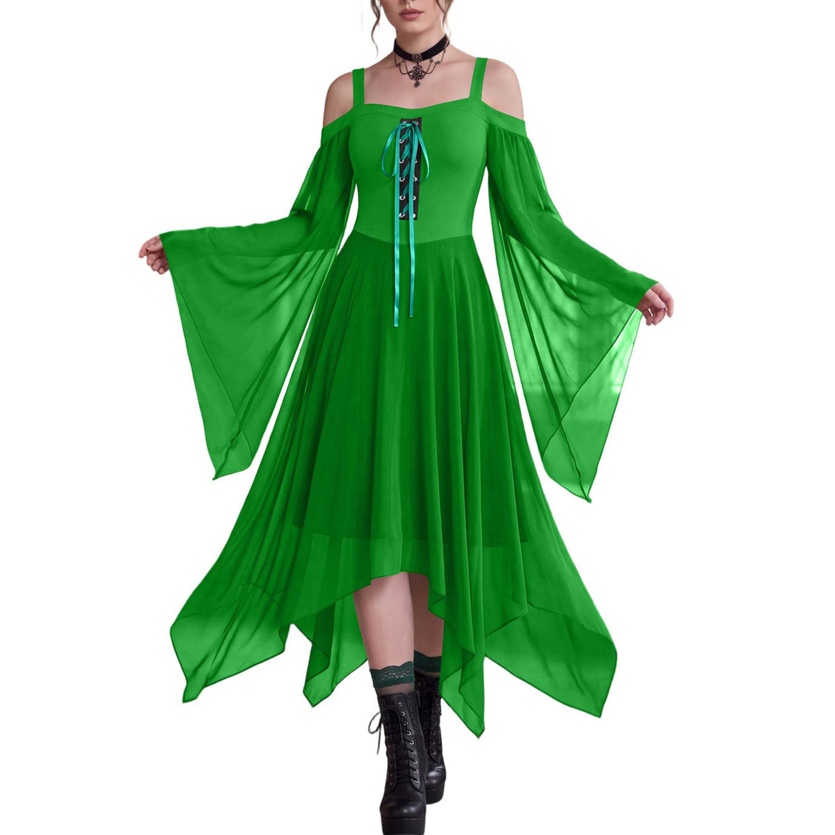 Handkerchief Hem Lace Up Angel Sleeve Dress - Green