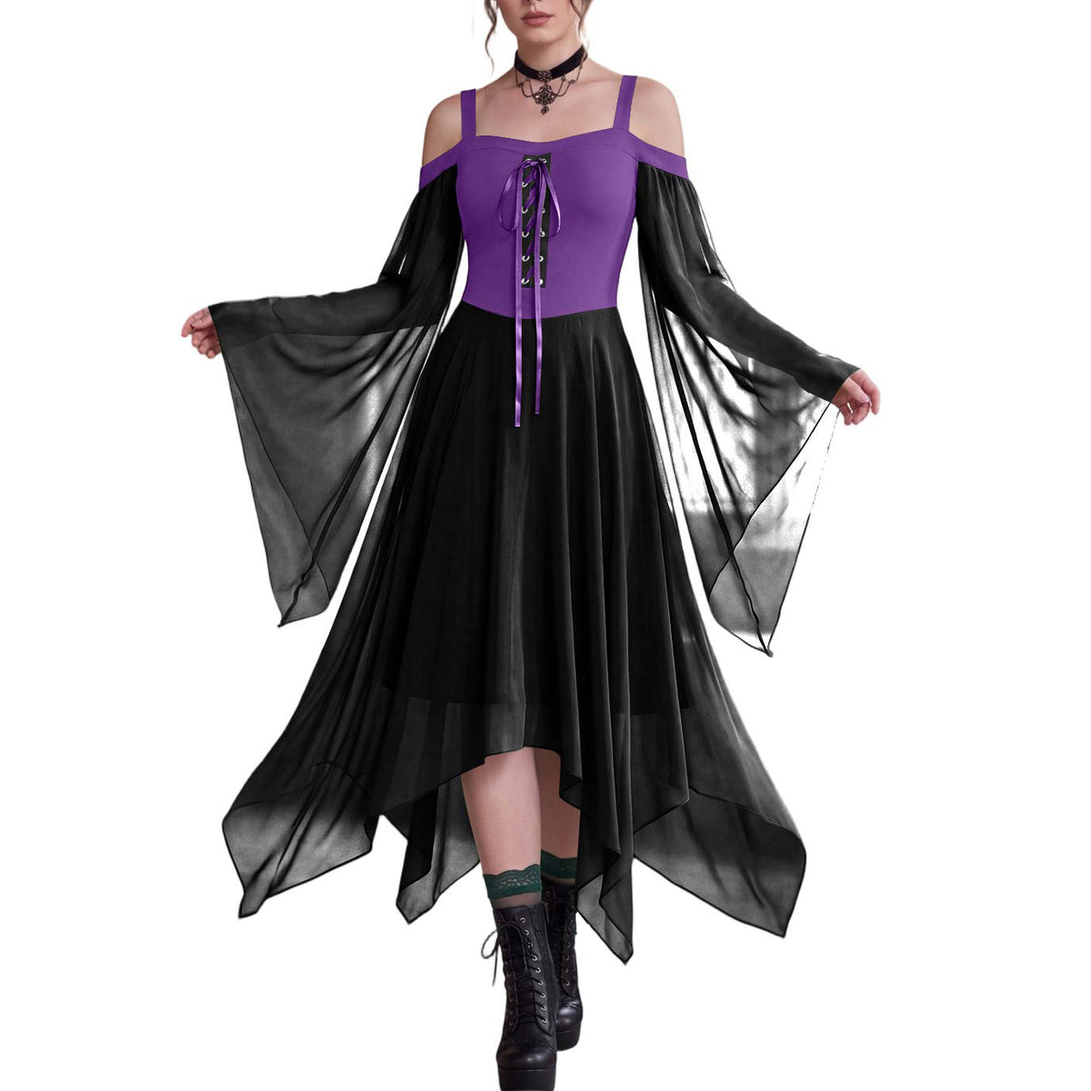 Handkerchief Hem Lace Up Angel Sleeve Dress - PBlacke