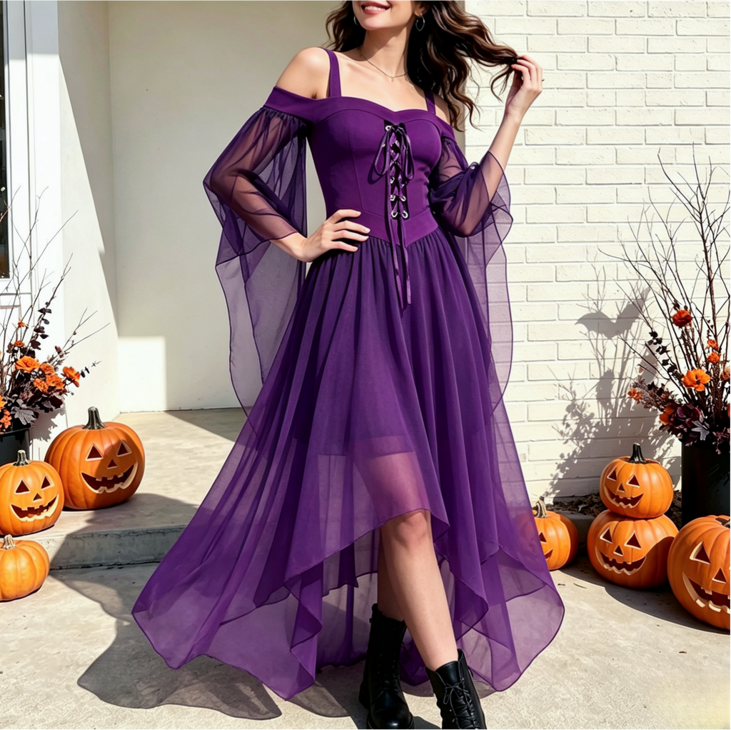 Handkerchief Hem Lace Up Angel Sleeve Dress - Purple