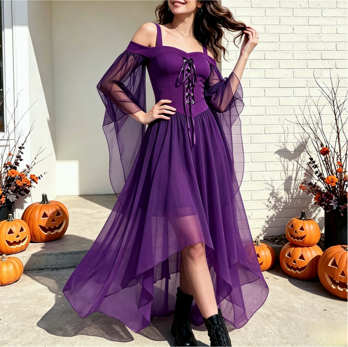 Handkerchief Hem Lace Up Angel Sleeve Dress - Purple
