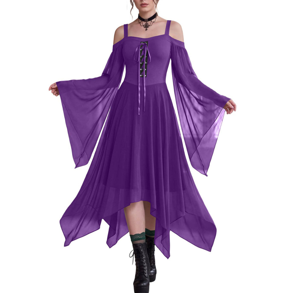 Handkerchief Hem Lace Up Angel Sleeve Dress - Purple - 1