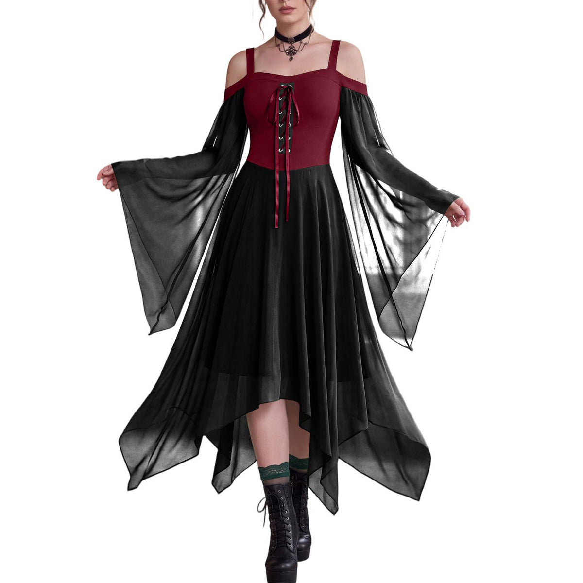 Handkerchief Hem Lace Up Angel Sleeve Dress - RBlack