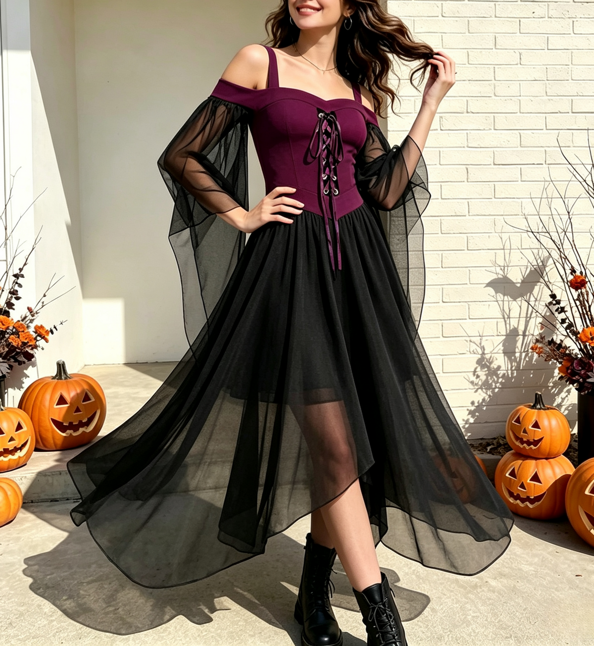 Handkerchief Hem Lace Up Angel Sleeve Dress - RBlack - 1