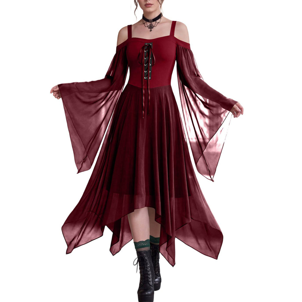 Handkerchief Hem Lace Up Angel Sleeve Dress - Red