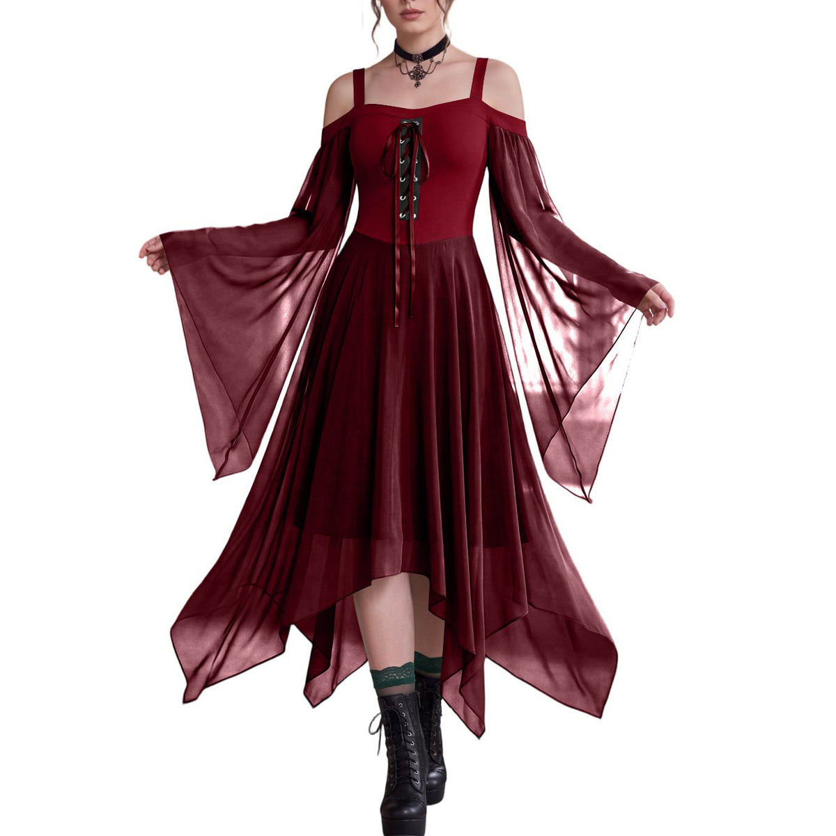 Handkerchief Hem Lace Up Angel Sleeve Dress - Red