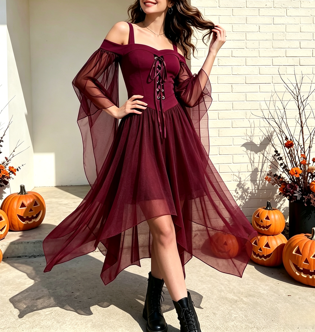 Handkerchief Hem Lace Up Angel Sleeve Dress - Red - 1