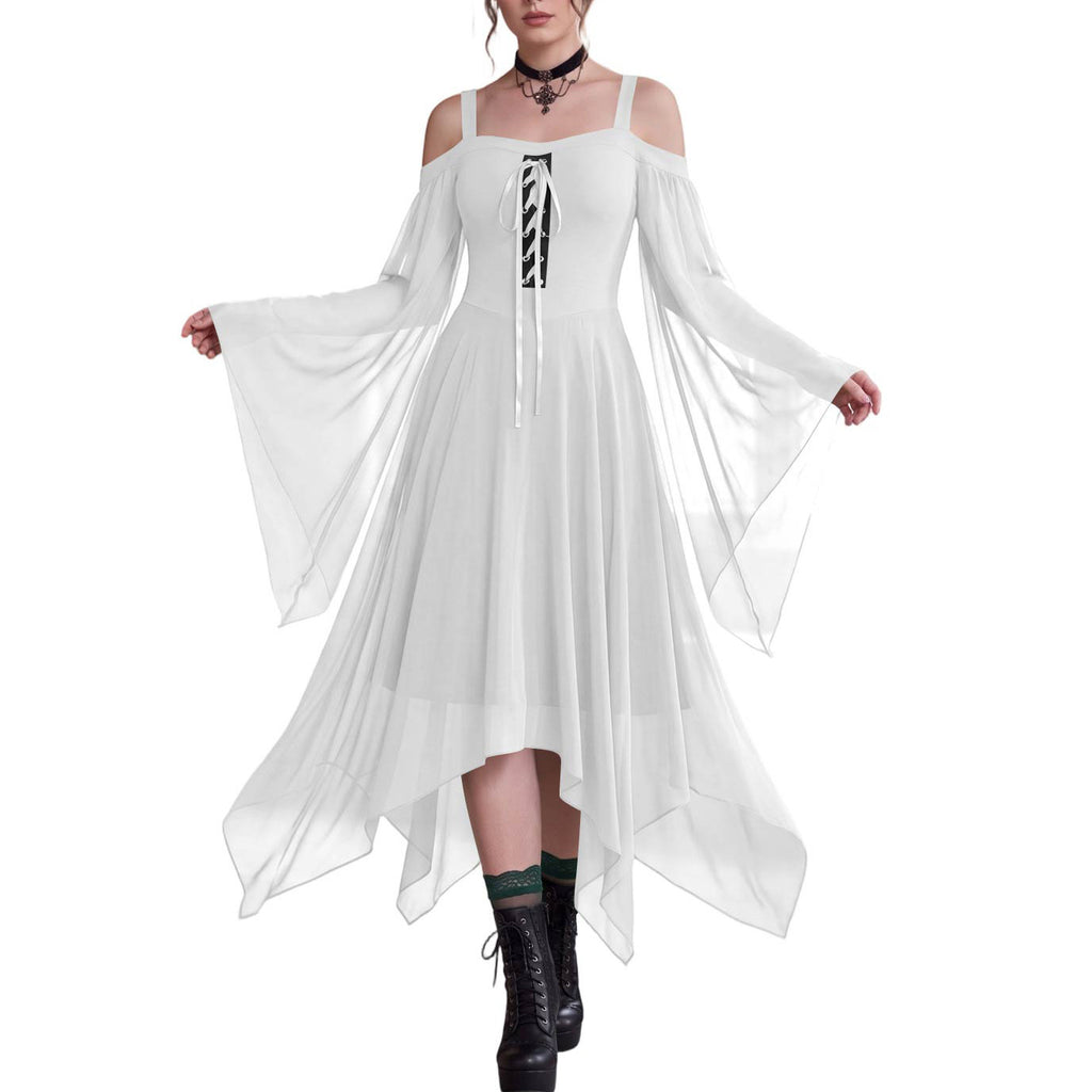 Handkerchief Hem Lace Up Angel Sleeve Dress - White