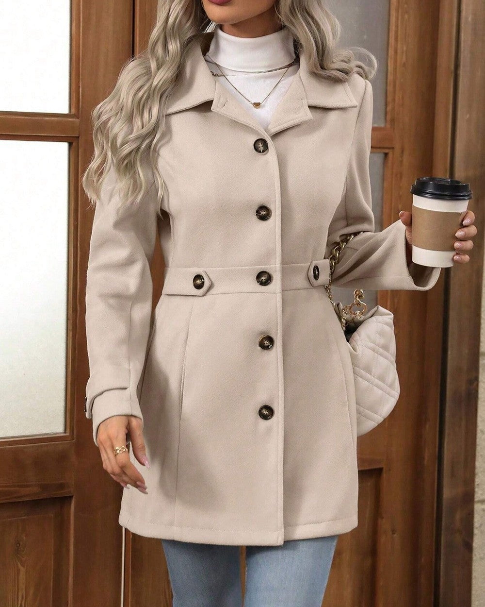 Belted Lapel Single Breasted Mid Length Coat - Apricot