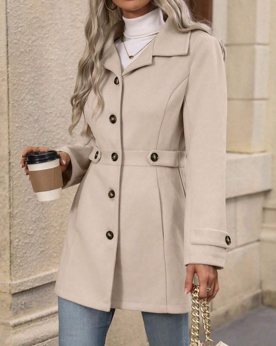Belted Lapel Single Breasted Mid Length Coat - Apricot - 1