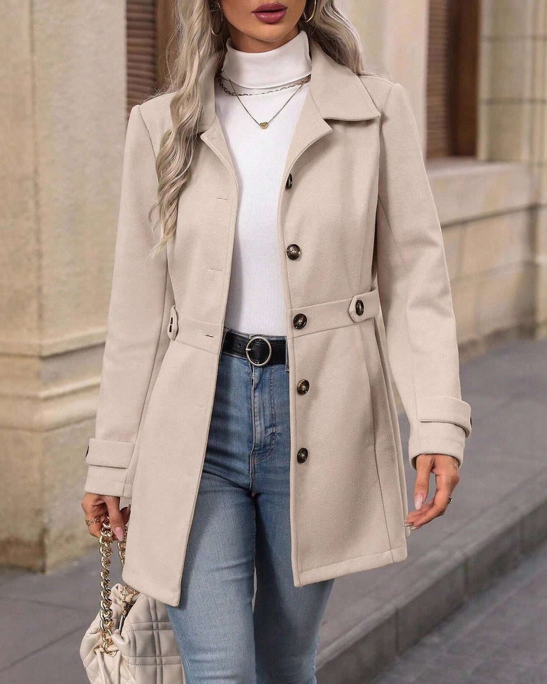 Belted Lapel Single Breasted Mid Length Coat - Apricot - 2