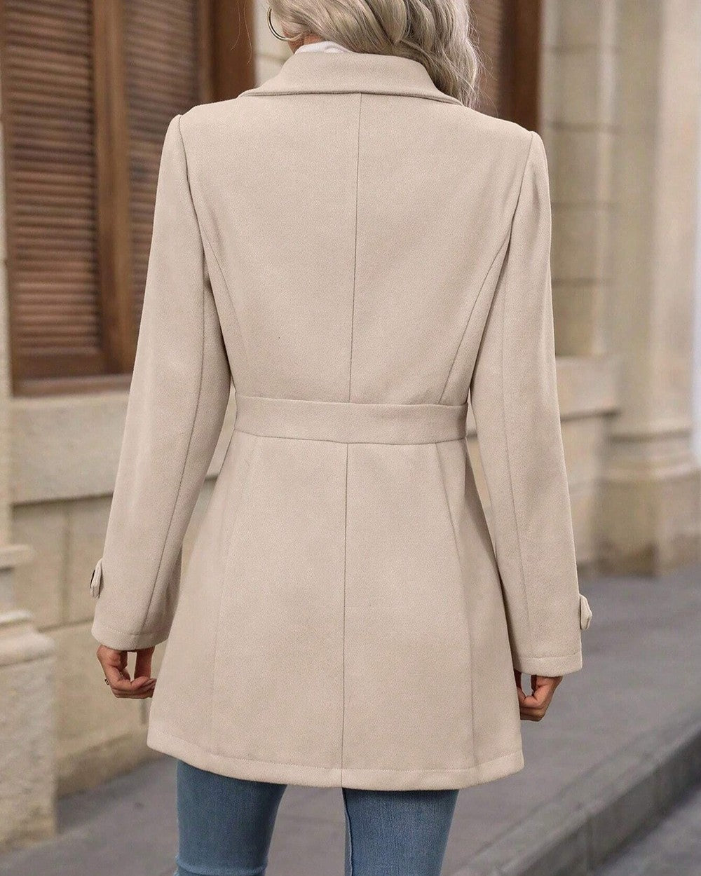 Belted Lapel Single Breasted Mid Length Coat - Apricot - 3