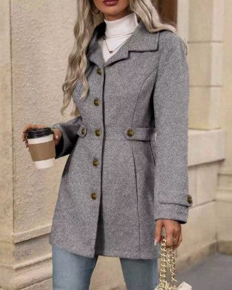 Belted Lapel Single Breasted Mid Length Coat - Dark-Gray