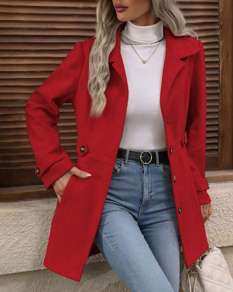 Belted Lapel Single Breasted Mid Length Coat - Red