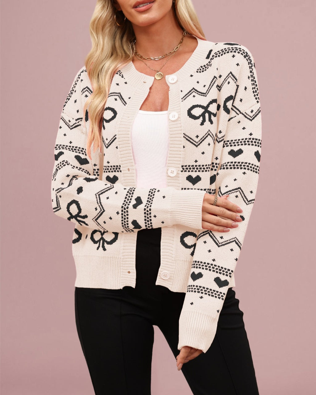 Bow and Heart Jacquard Knit Cardigan - Black