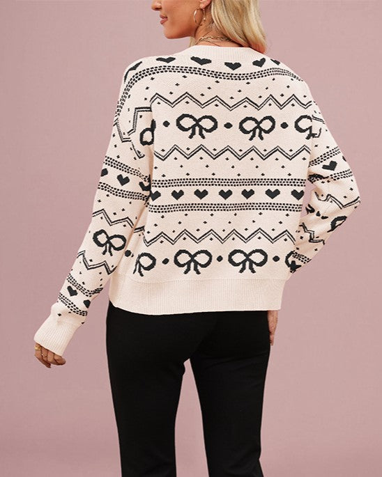 Bow and Heart Jacquard Knit Cardigan - Black - 1