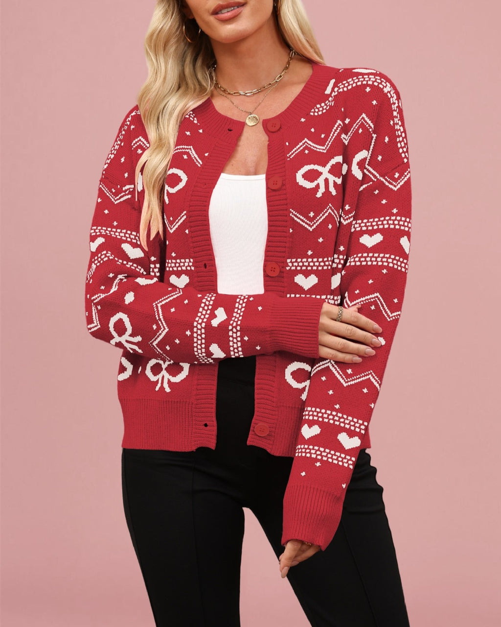 Bow and Heart Jacquard Knit Cardigan - Red