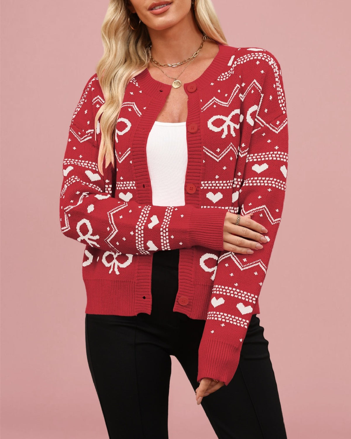 Bow and Heart Jacquard Knit Cardigan - Red