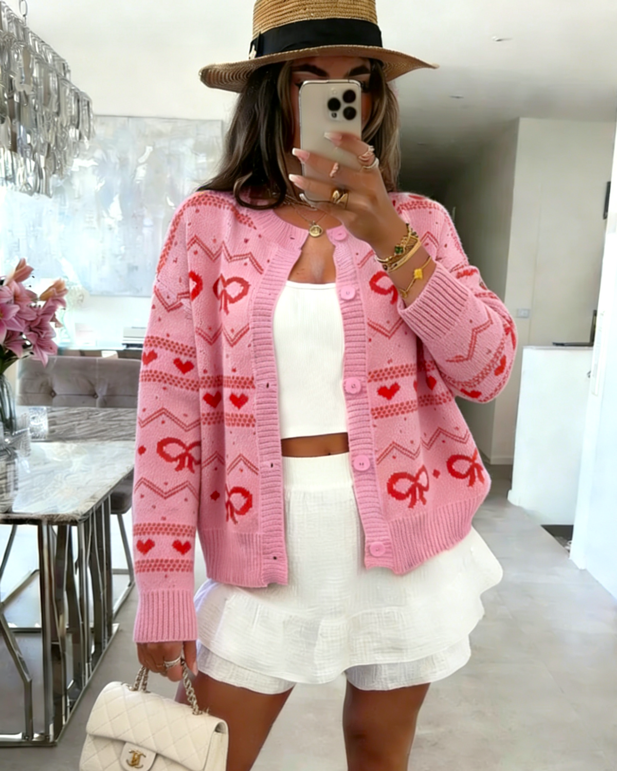 Bow and Heart Jacquard Knit Cardigan - RoseRed