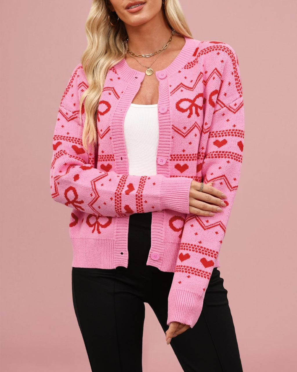 Bow and Heart Jacquard Knit Cardigan - RoseRed - 1