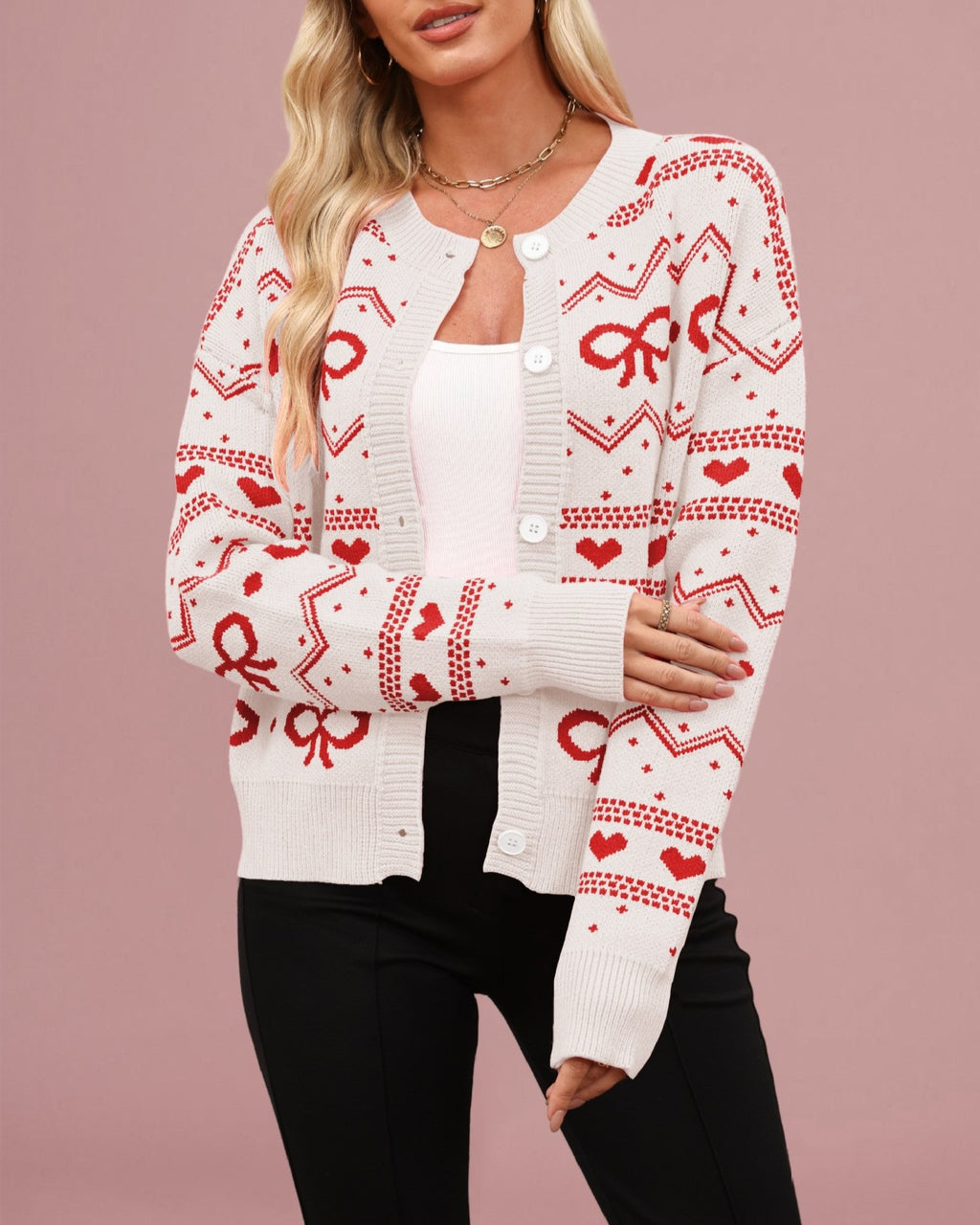 Bow and Heart Jacquard Knit Cardigan - WhiteRed