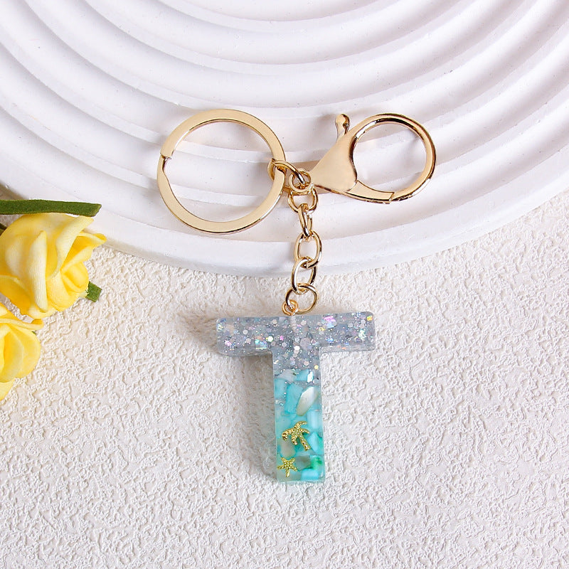 Glitter Resin Initial Letter Keychain - T