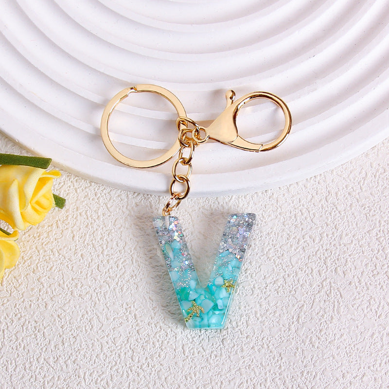 Glitter Resin Initial Letter Keychain - V