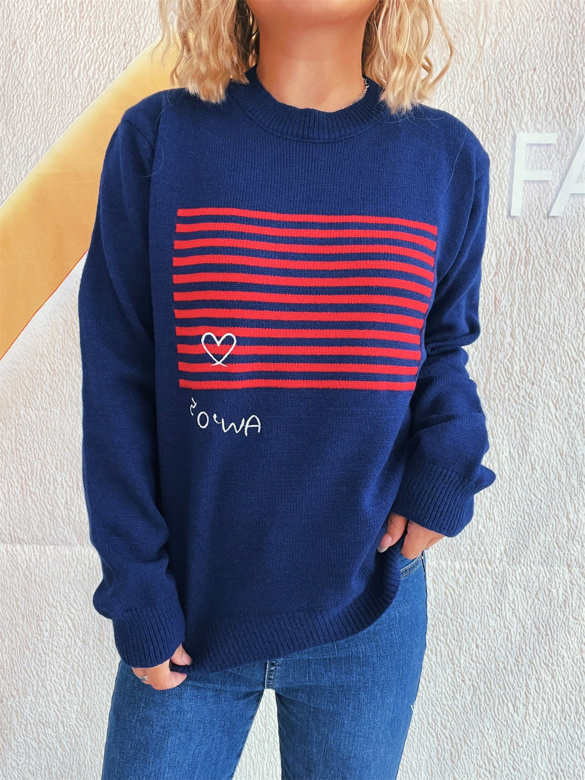 Retro Stripe Panel Crew Neck Sweater - DarkBlue