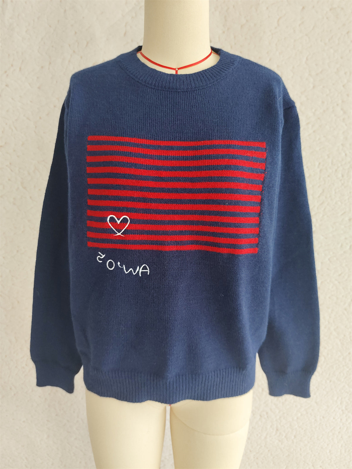 Retro Stripe Panel Crew Neck Sweater - DarkBlue - 1