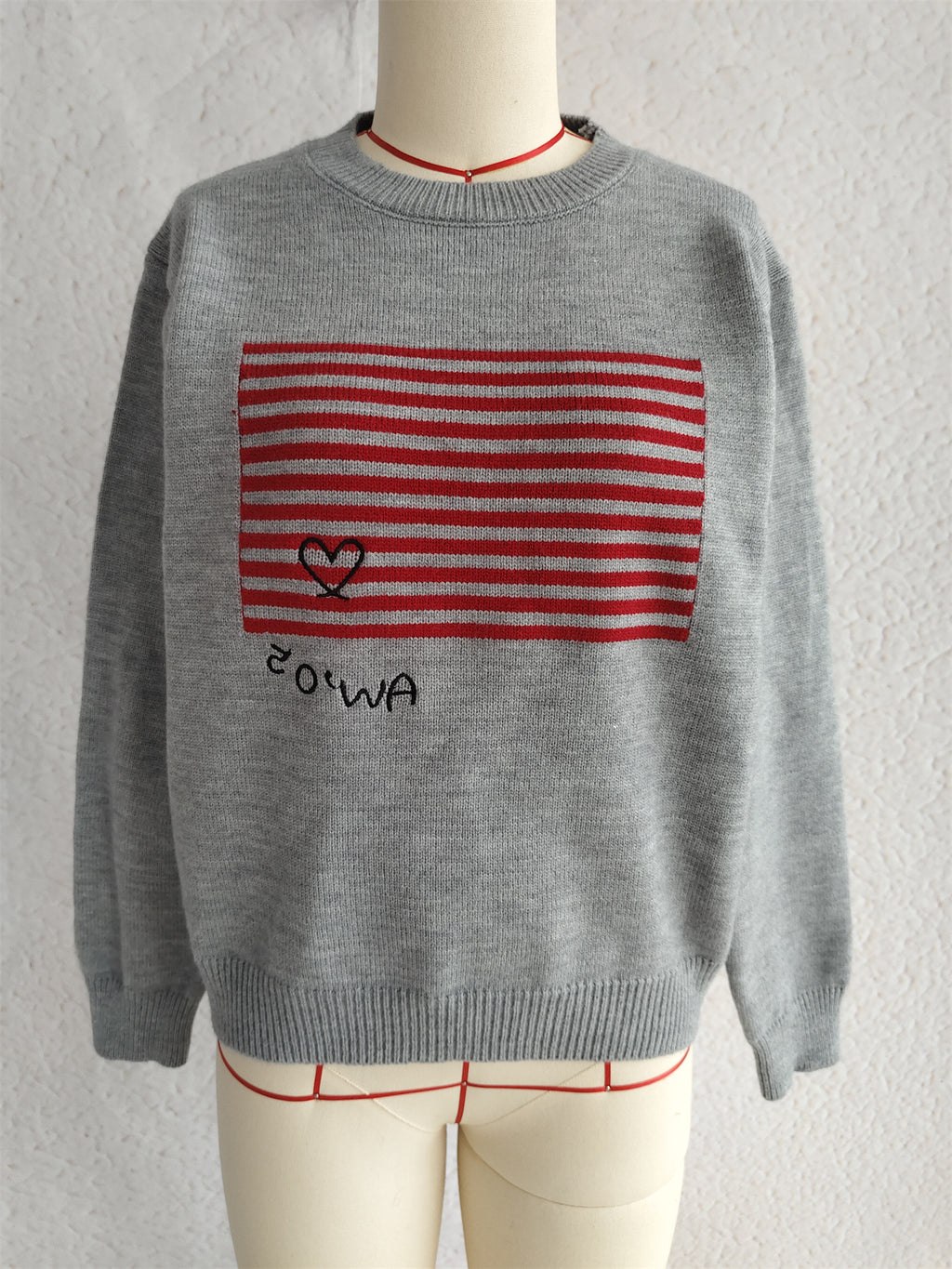 Retro Stripe Panel Crew Neck Sweater - Grey