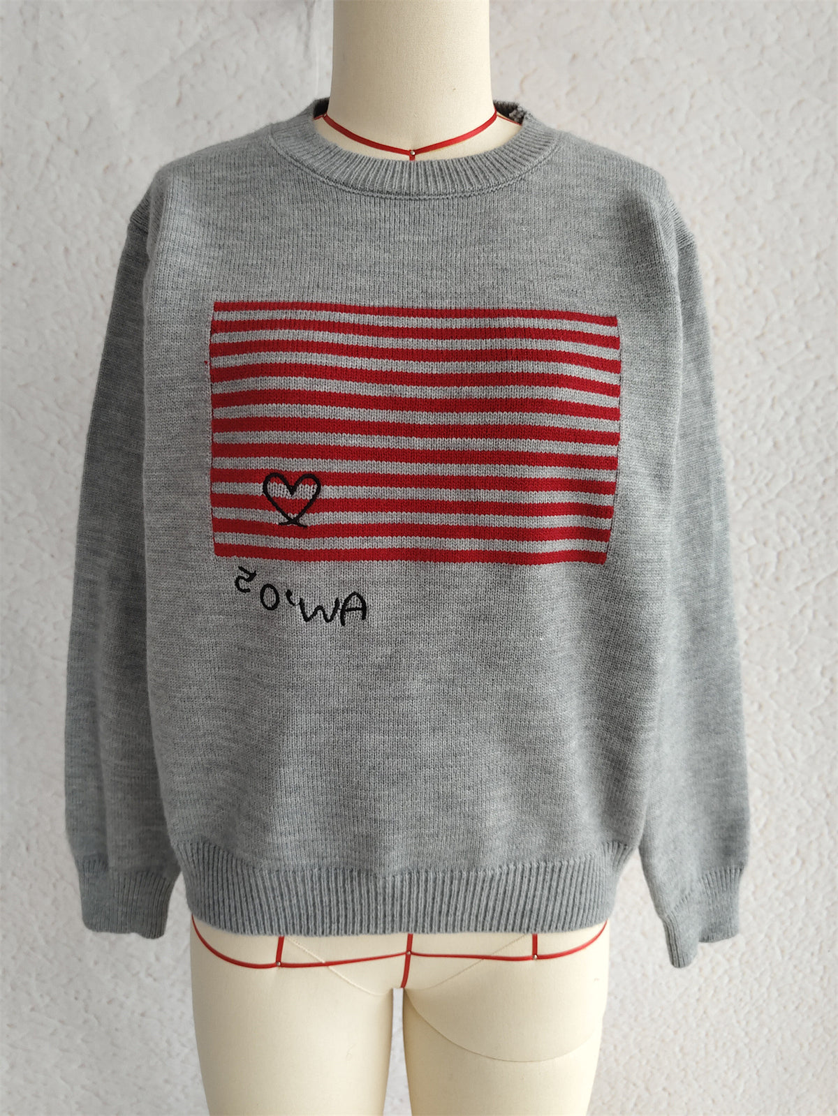 Retro Stripe Panel Crew Neck Sweater - Grey