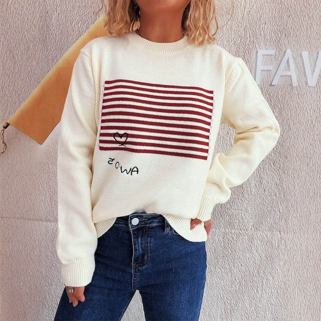 Retro Stripe Panel Crew Neck Sweater - White