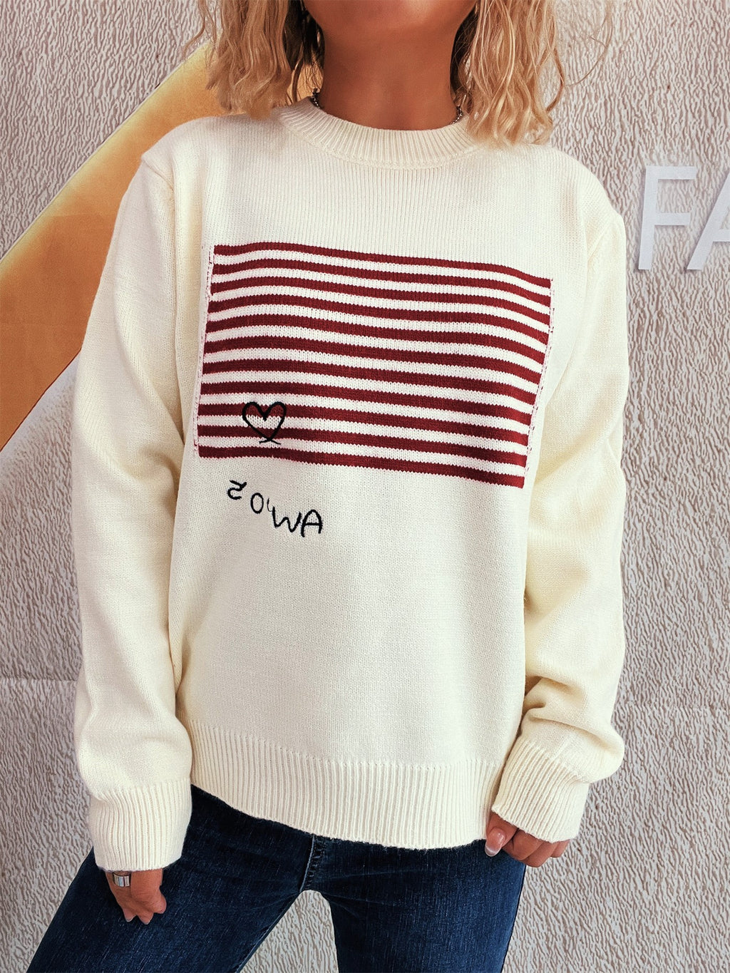 Retro Stripe Panel Crew Neck Sweater - White - 2