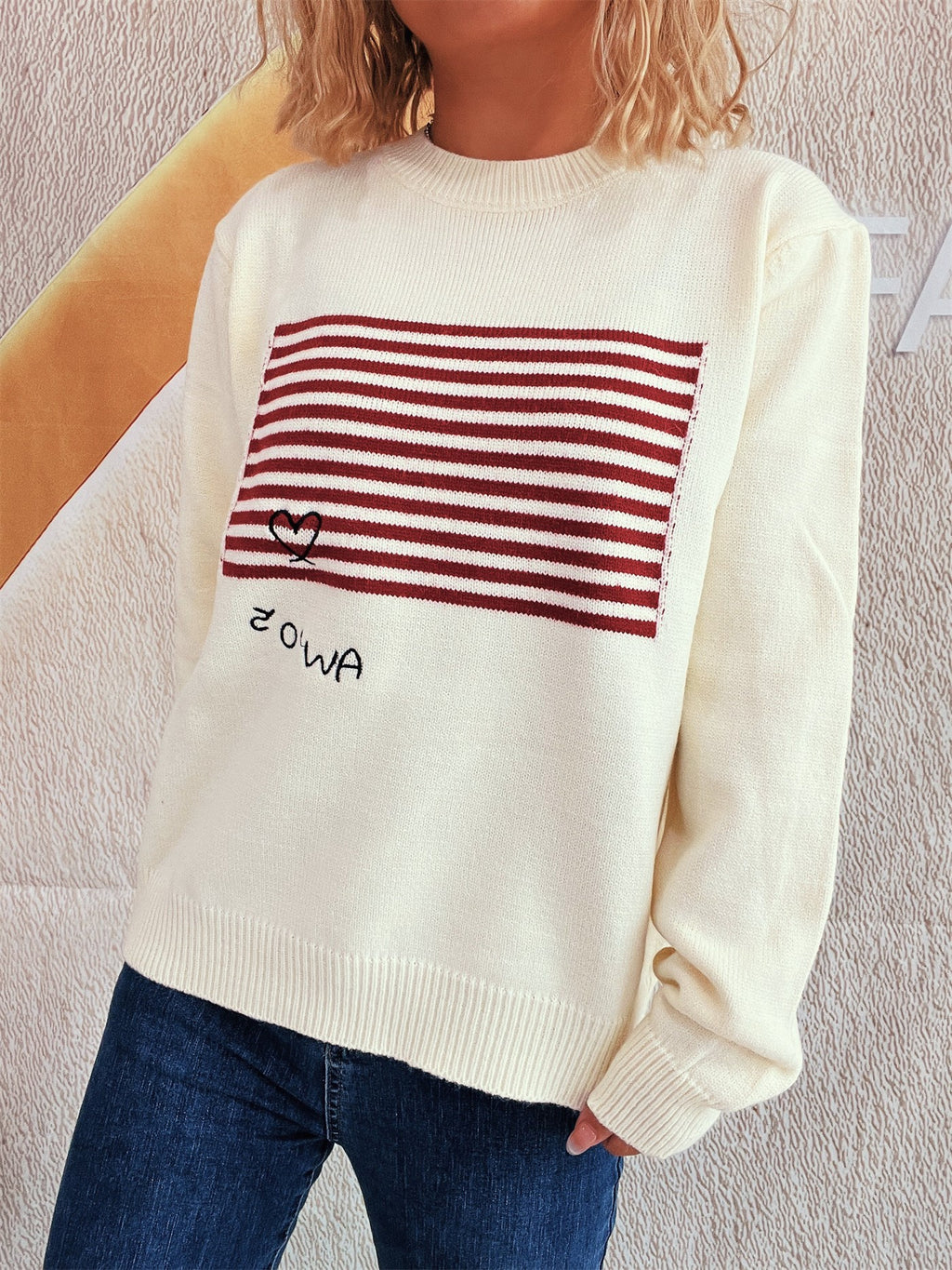 Retro Stripe Panel Crew Neck Sweater - White - 3