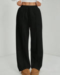 Pintuck Wide Leg Fleece Sweatpants - Black