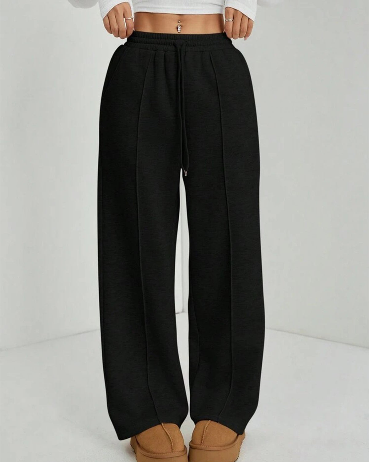 Pintuck Wide Leg Fleece Sweatpants - Black