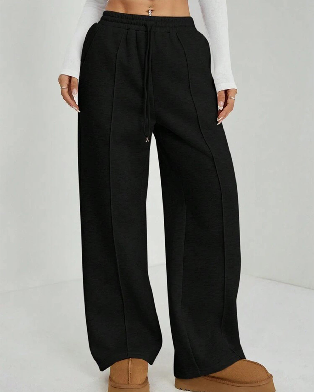 Pintuck Wide Leg Fleece Sweatpants - Black - 1