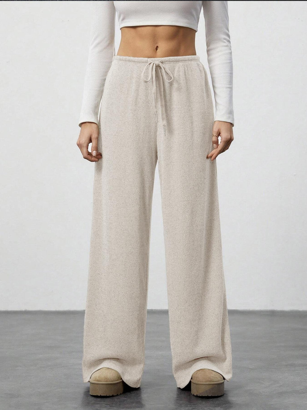 Brushed Knit Wide Leg Lounge Pants - Apricot