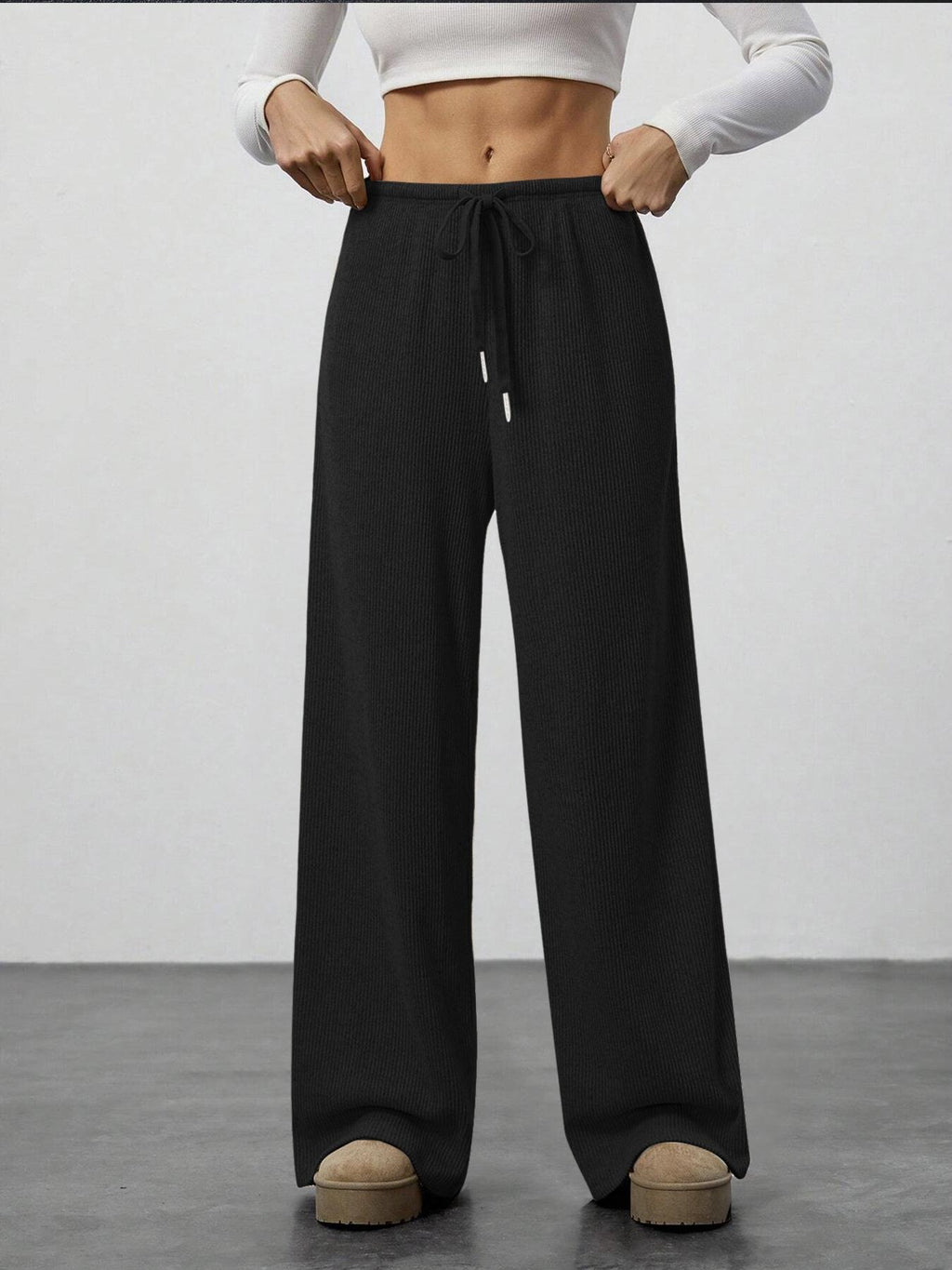 Brushed Knit Wide Leg Lounge Pants - Black