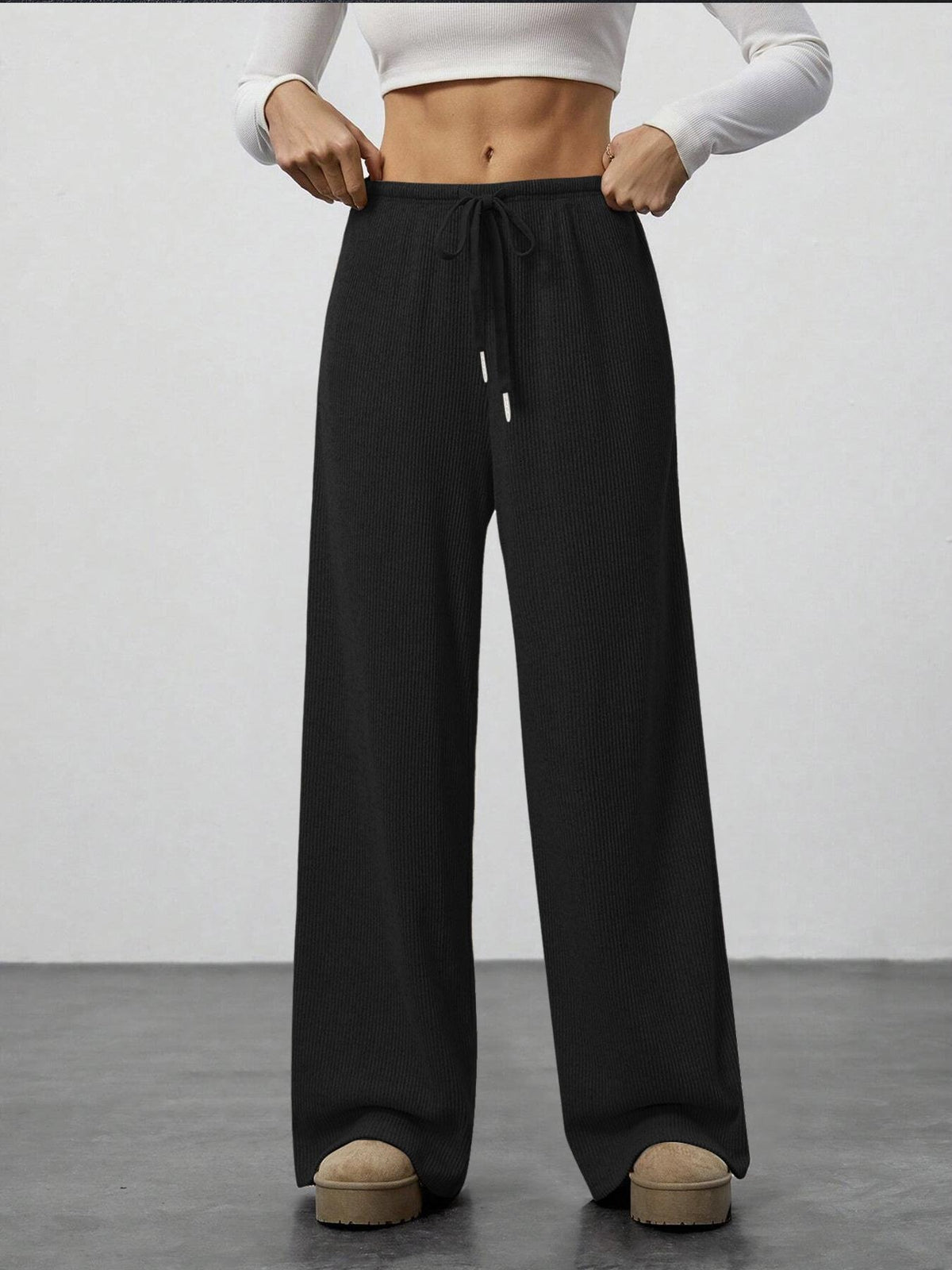 Brushed Knit Wide Leg Lounge Pants - Black