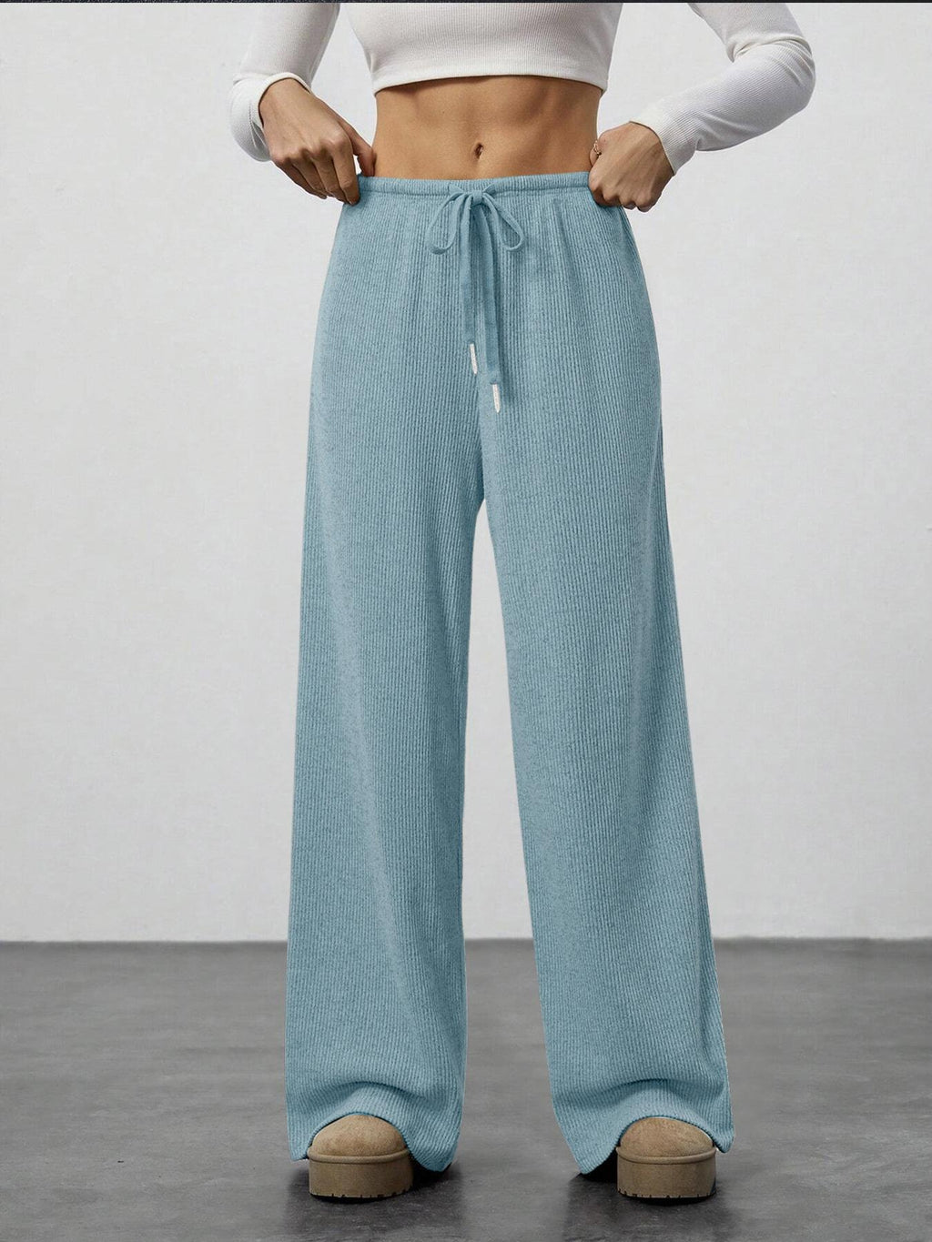 Brushed Knit Wide Leg Lounge Pants - Blue