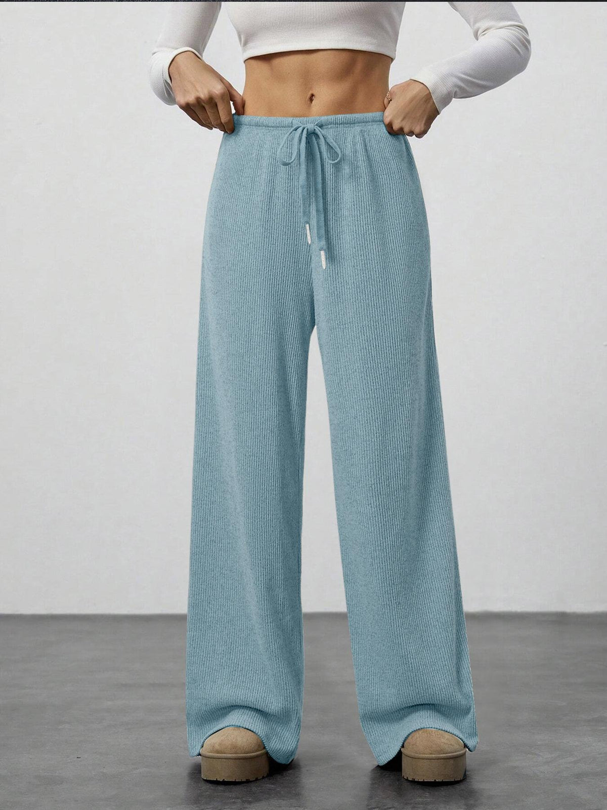 Brushed Knit Wide Leg Lounge Pants - Blue