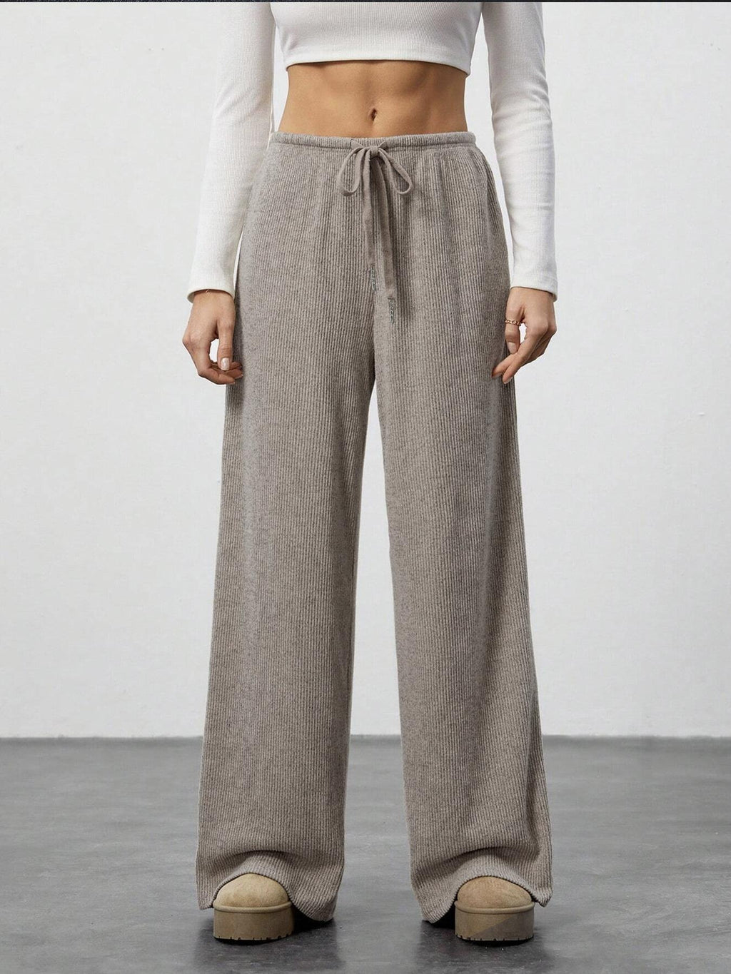 Brushed Knit Wide Leg Lounge Pants - Coffee