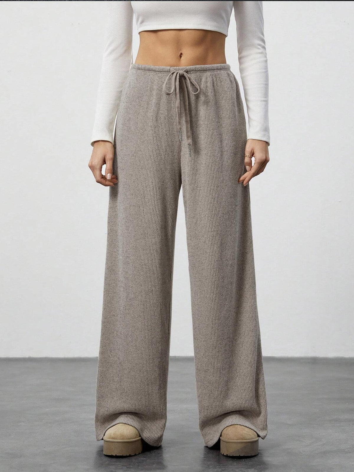 Brushed Knit Wide Leg Lounge Pants - Coffee