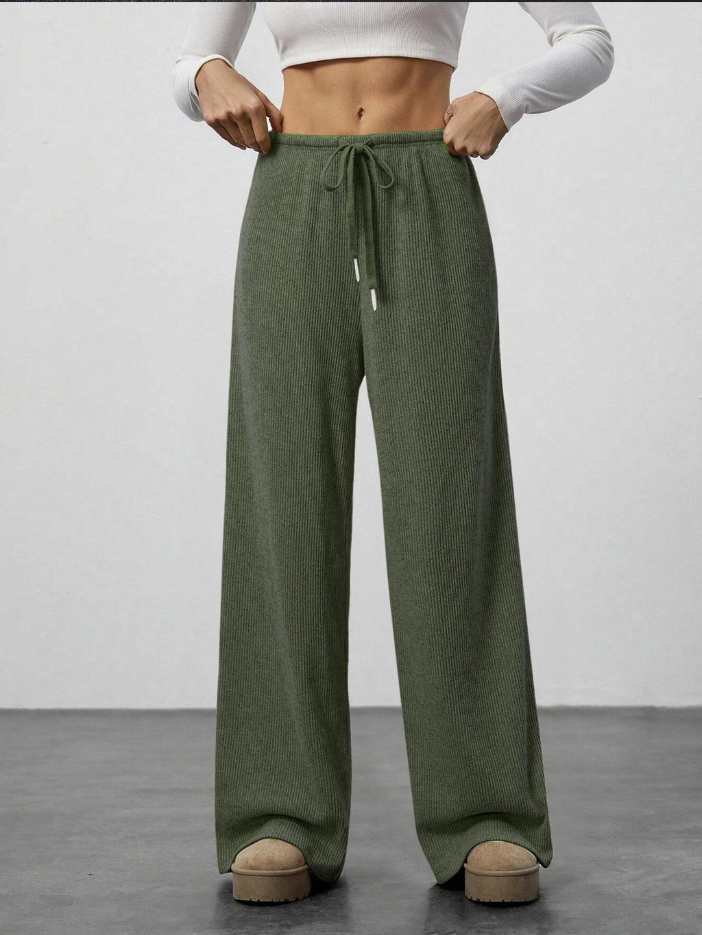 Brushed Knit Wide Leg Lounge Pants - Green