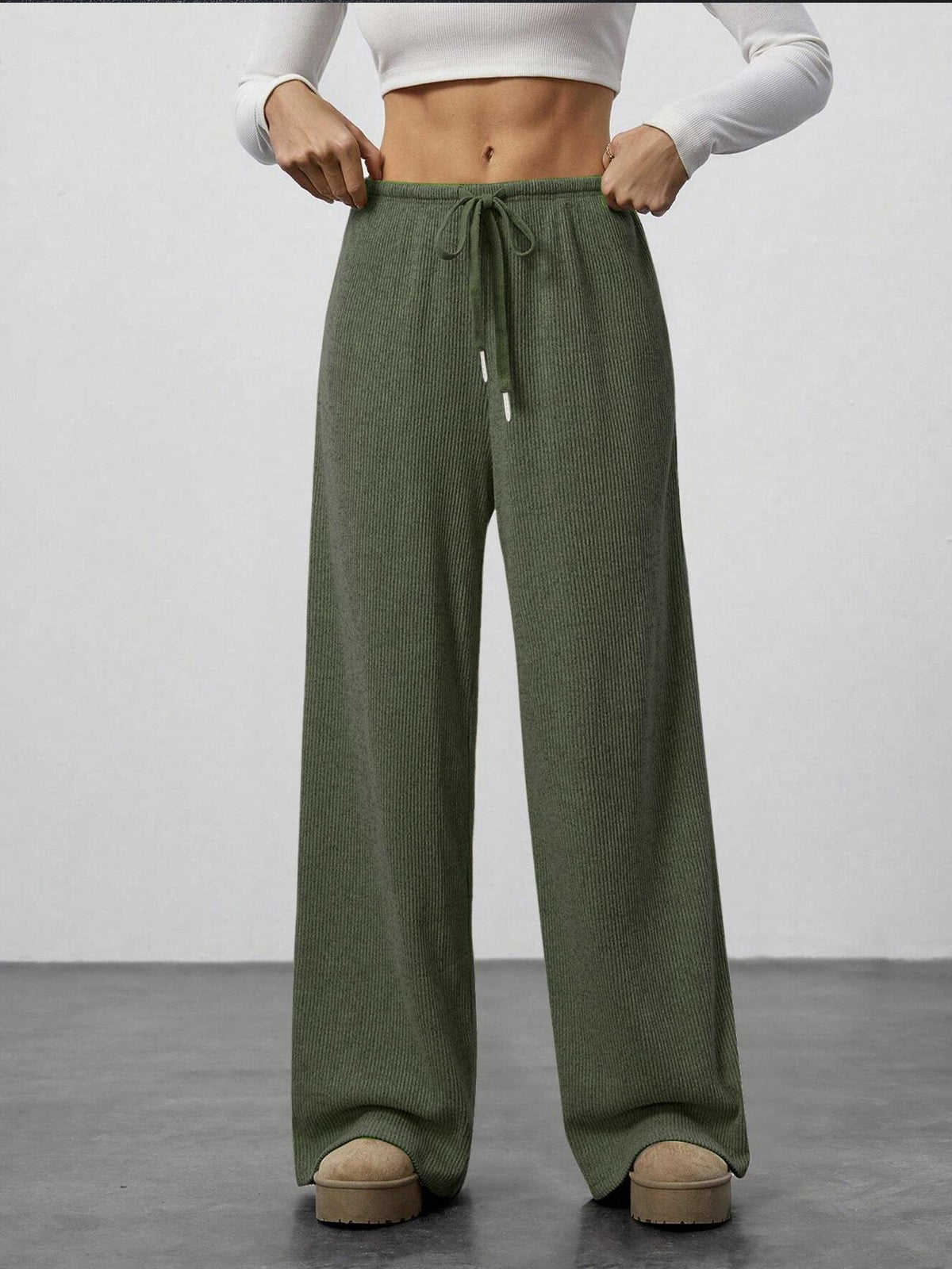 Brushed Knit Wide Leg Lounge Pants - Green