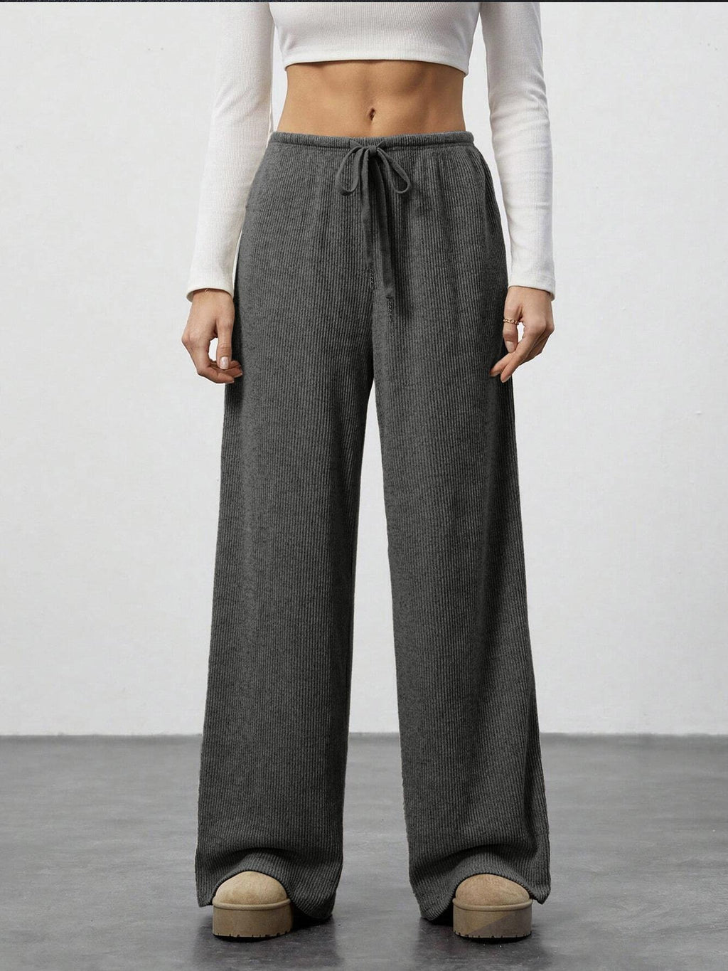 Brushed Knit Wide Leg Lounge Pants - Grey